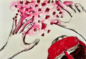 Watercolor of hands melting into red triangles