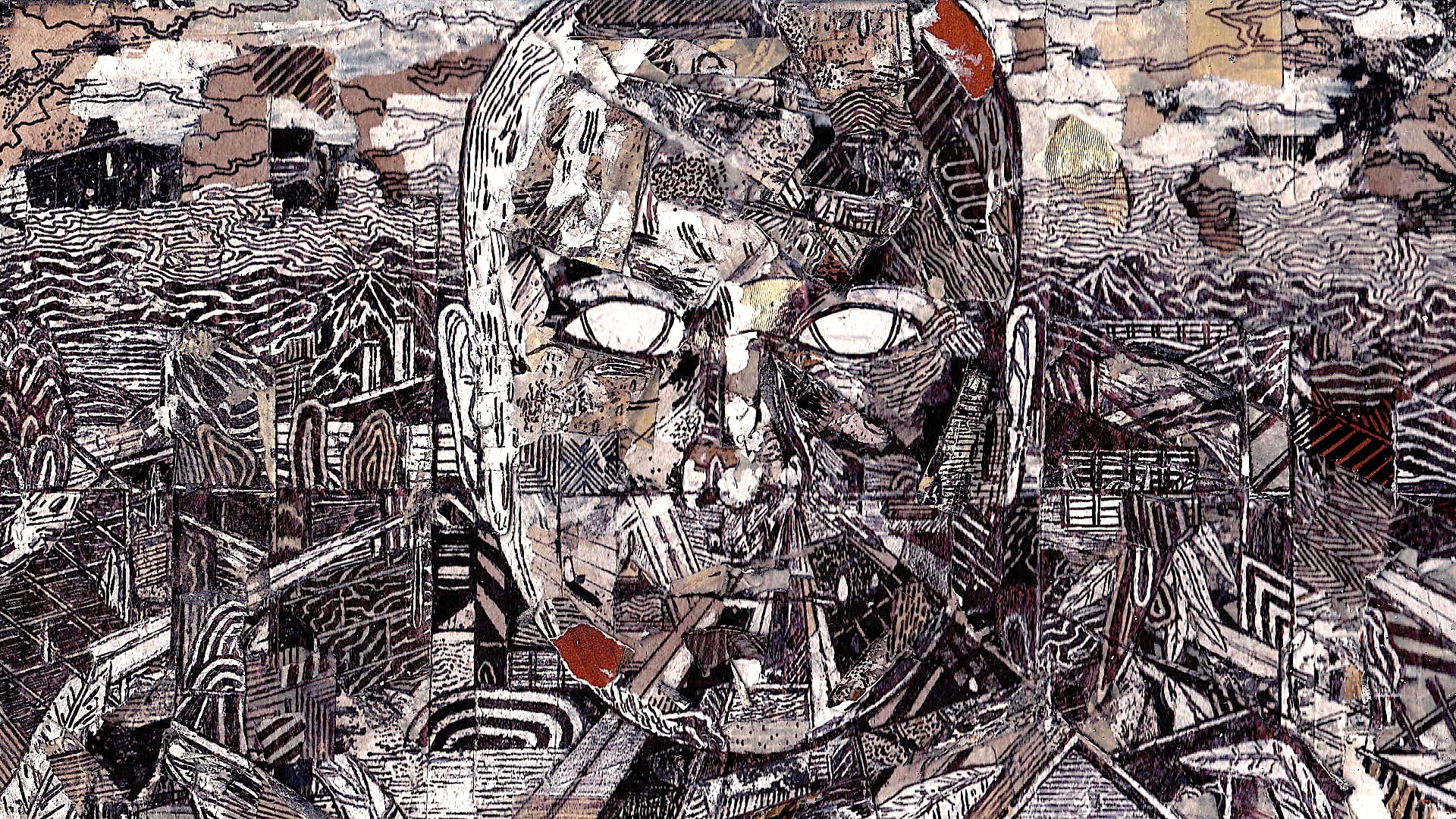 A face superimposed on a cubist looking landscape