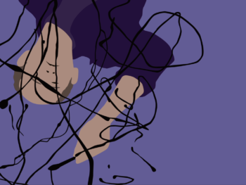 Rendering in purple of a man entangled in black lines.