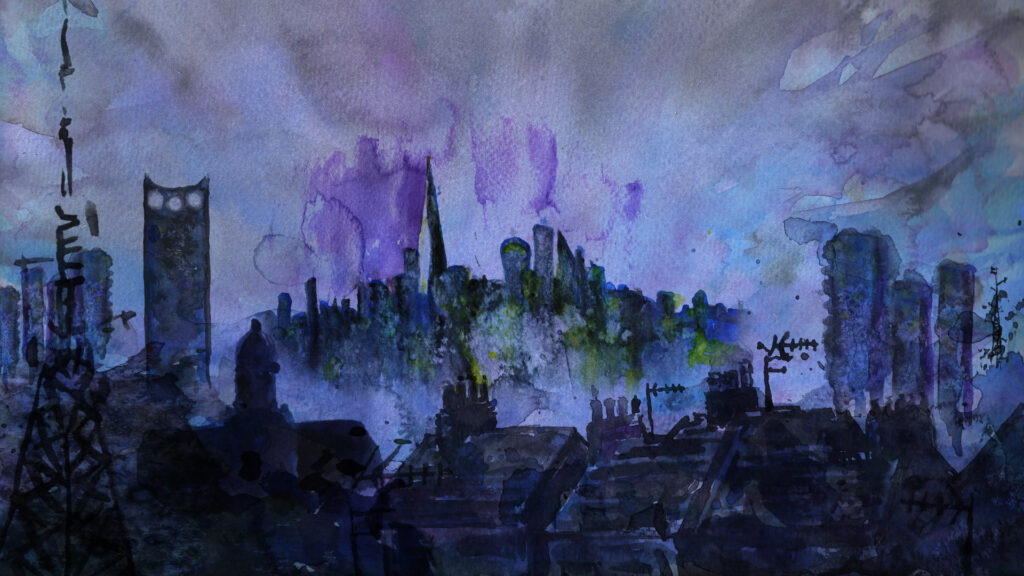 Night time city skyline in watercolour