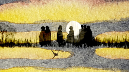 A group of people gather on the horizon, in front of the sun.