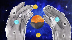 a watercolour painting of two hands touching a globe