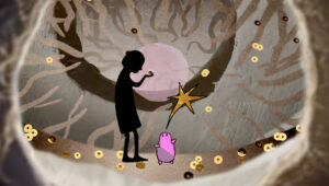 A little girl standing in the iris of an eye, sprinkled with sequins.