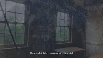A layered image - an old school room with two large windows and blue ceramic print - a caption reads: the sound of Bells continues to quietly persist