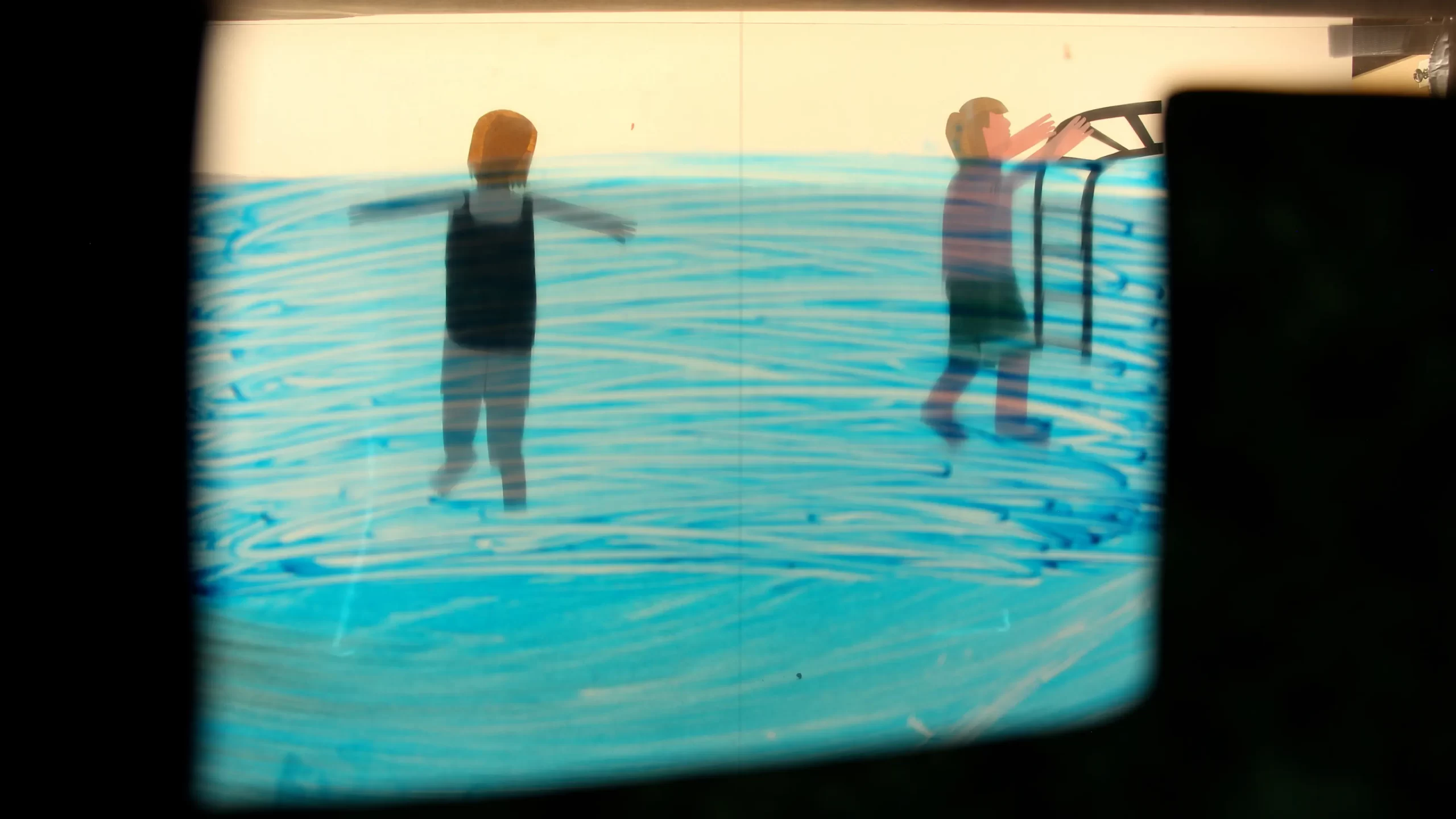 A watercolour image showing section view of a swimming pool with two children.