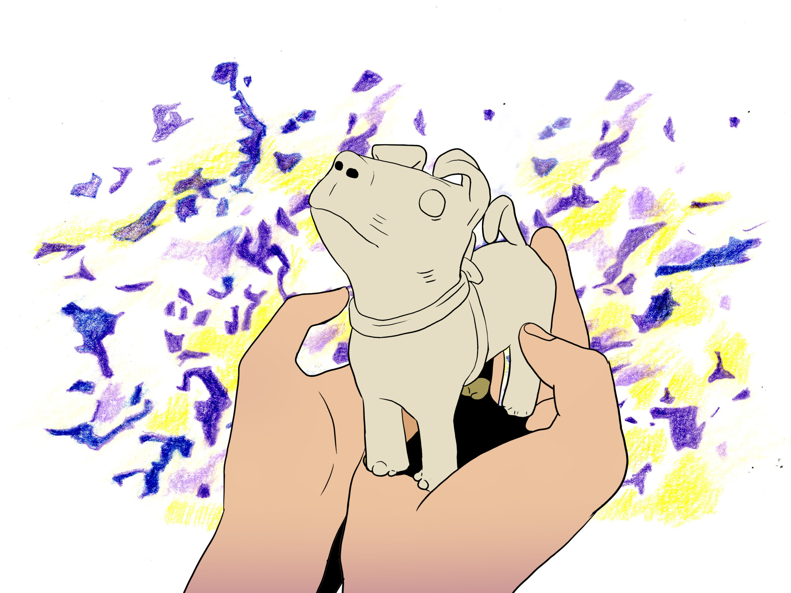 Drawing of light brown hands holding a cream ceramic statue of a dog above abstract purple and yellow shapes