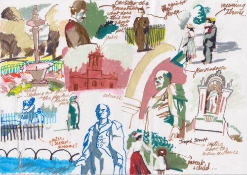 A research sheet of water colour sketches of people, buildings, statues