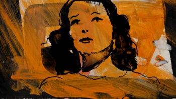 Ink sketch of young woman over orange, roughly painted background.
