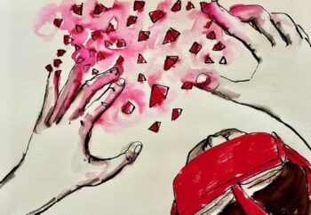 Watercolor of hands melting into red triangles.