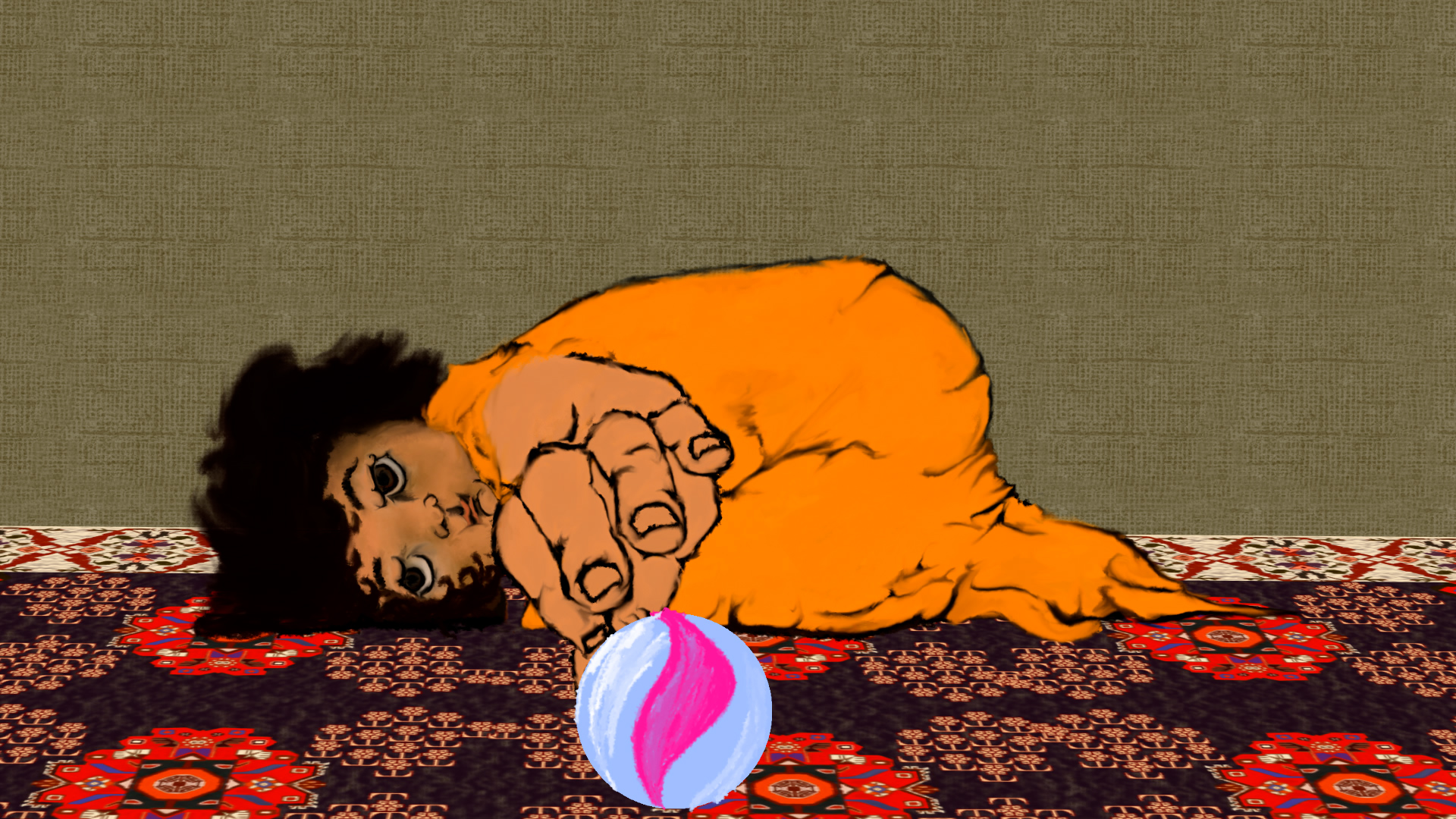 A child in an orange dress on a colourful rug flicks a pink marble