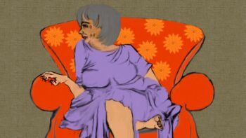 A grey haired woman in a purple dress sits on an orange armchair