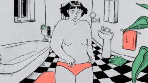 A women in her underwear stands in her bathroom