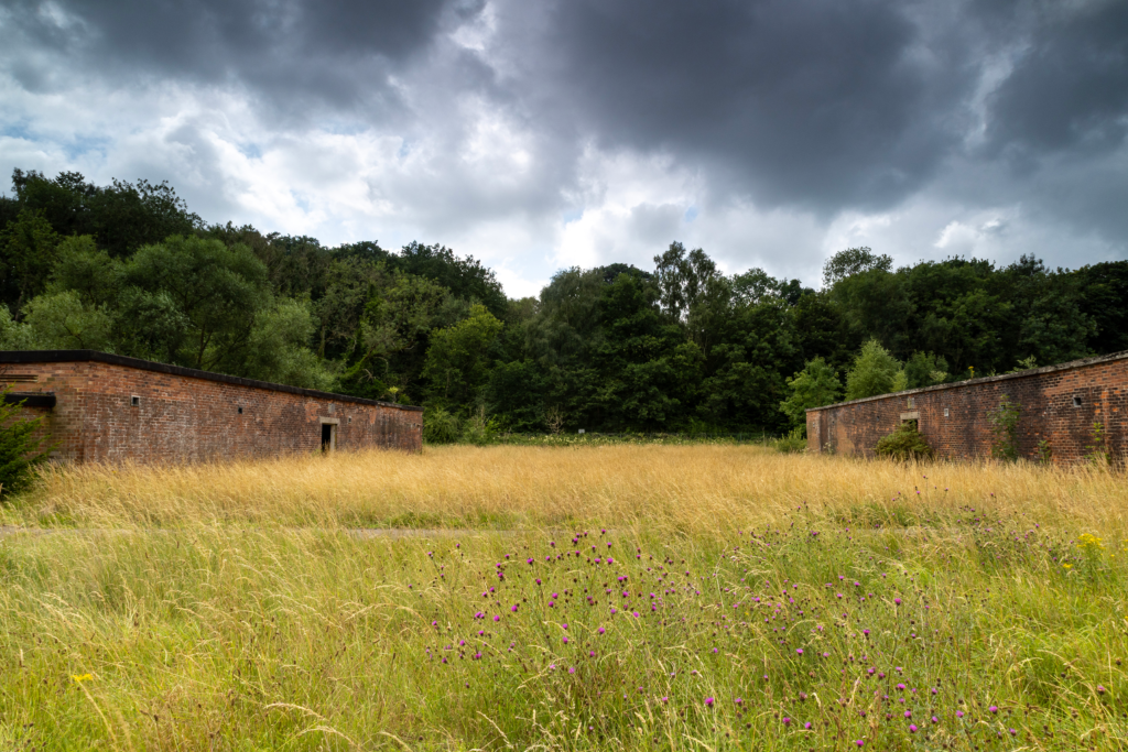 two concrete buildings in a field with a trees in the distance and a dark cloudy sky 