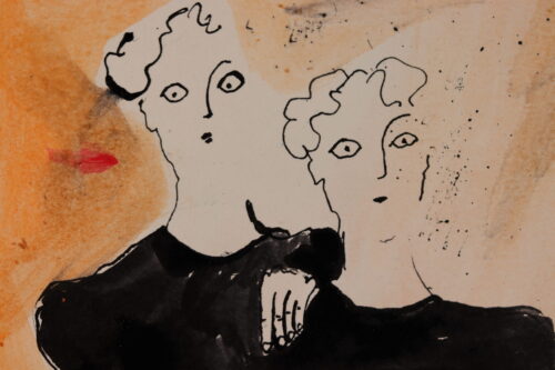 Black ink drawing of two women wearing black on an orange background