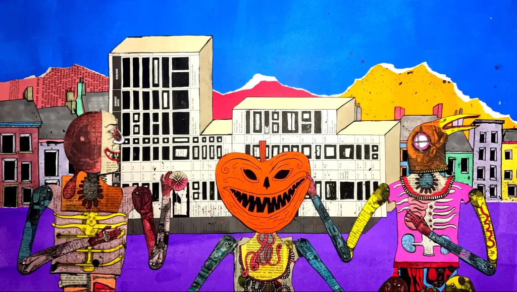 Three collaged figures - one has a pumpkin head, one a bird's head - against a collage of buildings