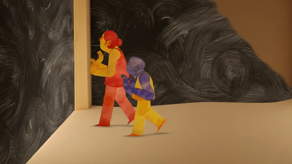 Two cut out figures walking left