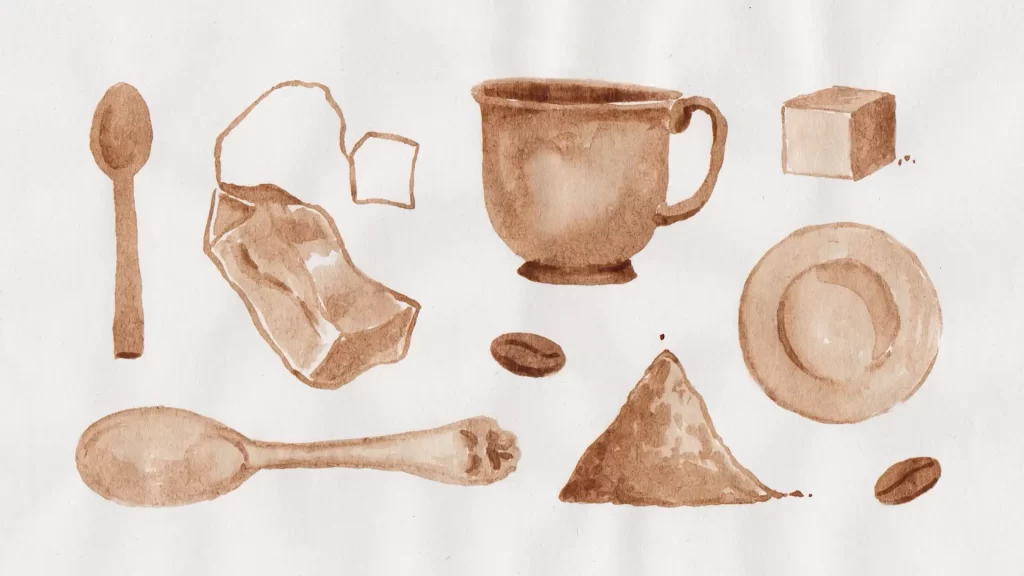 Spoons, cups, saucer..pained in coffee.