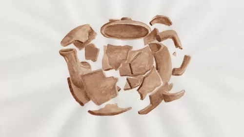 Watercolour of a smashed teapot, painted in coffee.