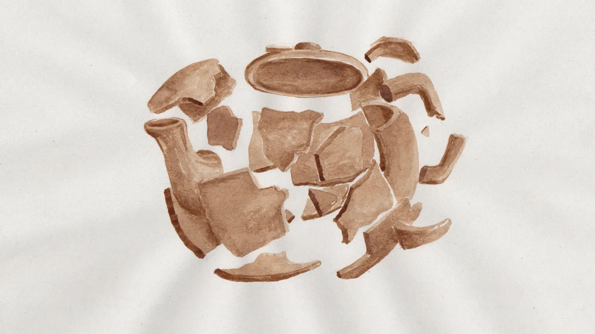 Watercolour of a smashed teapot, painted in coffee.