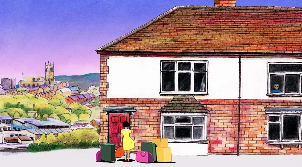 A woman in a yellow dress with many bags around her, stands in front of a British house with a red door