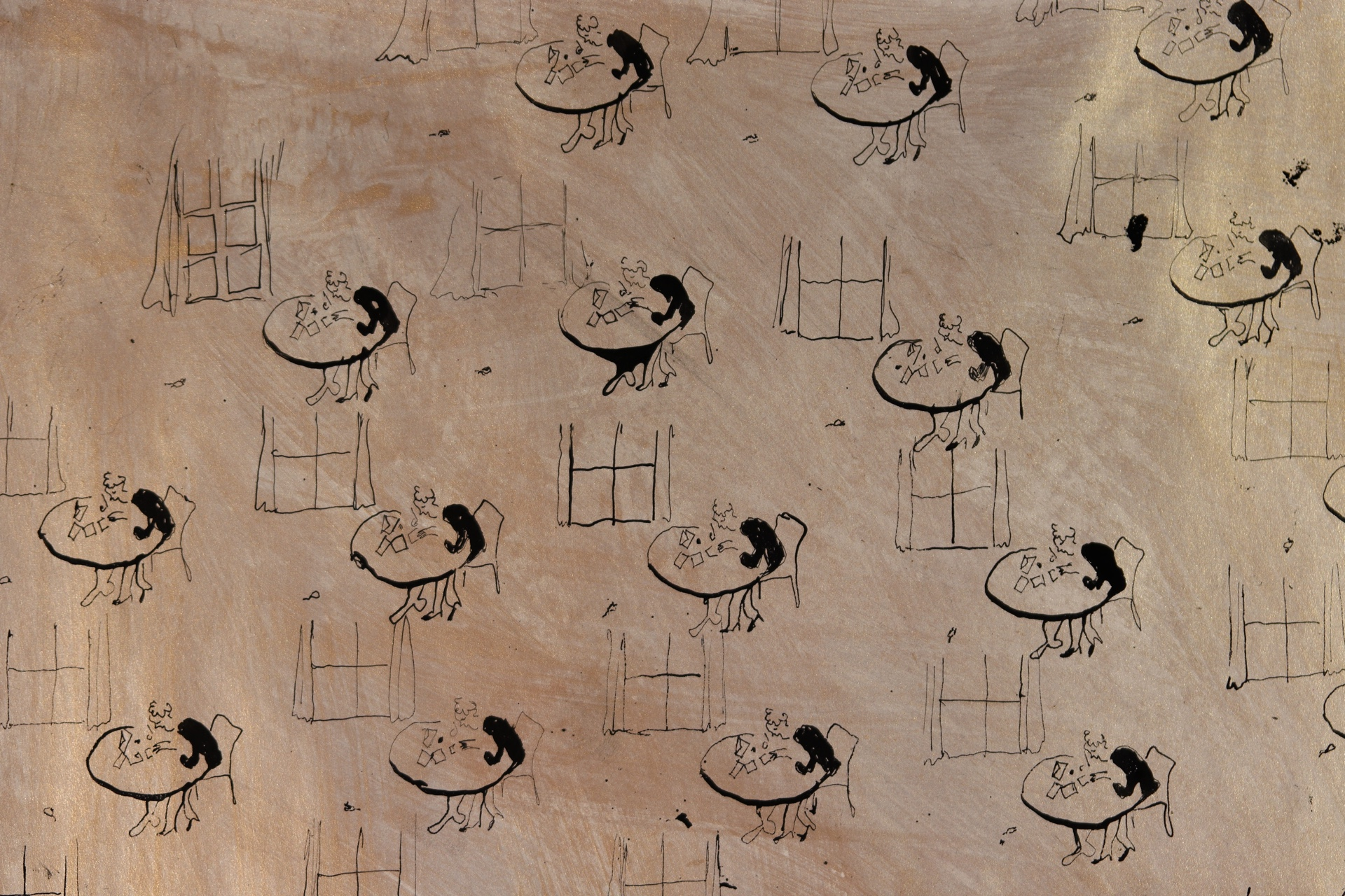 Several black ink drawings of a woman at a desk on bronze background