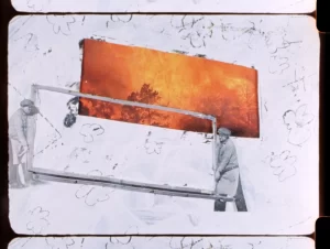 A collage - a window shape with a view to a forest fire, with two men in front holding a large pane of glass. 