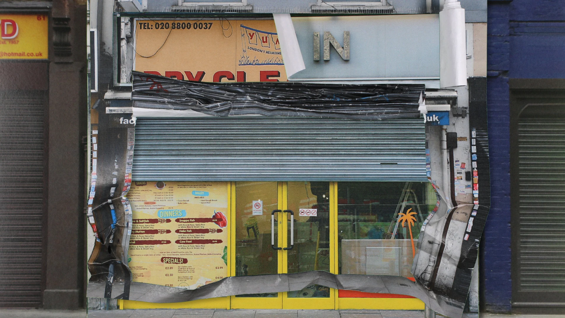 A still from the film High Street Repeat. A shop front will collage signage, shutter and doors.