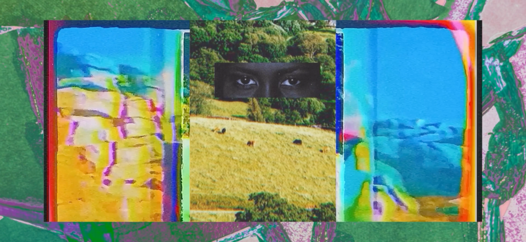 Still from Ancestral Roaming, by Grace Lee, vibrant colour collage with countryside photo in the centre. 