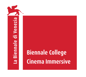 Red bavkground, a small Venice lion statue above words Biennale College Cinema Immersive in white