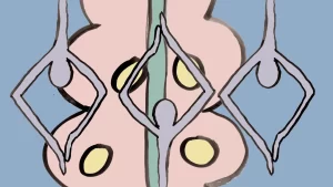 abstract figures against a blue background with a pink blobby shape and yellow circles