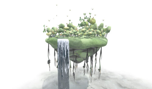 A floating island of trees with a river spilling over the side