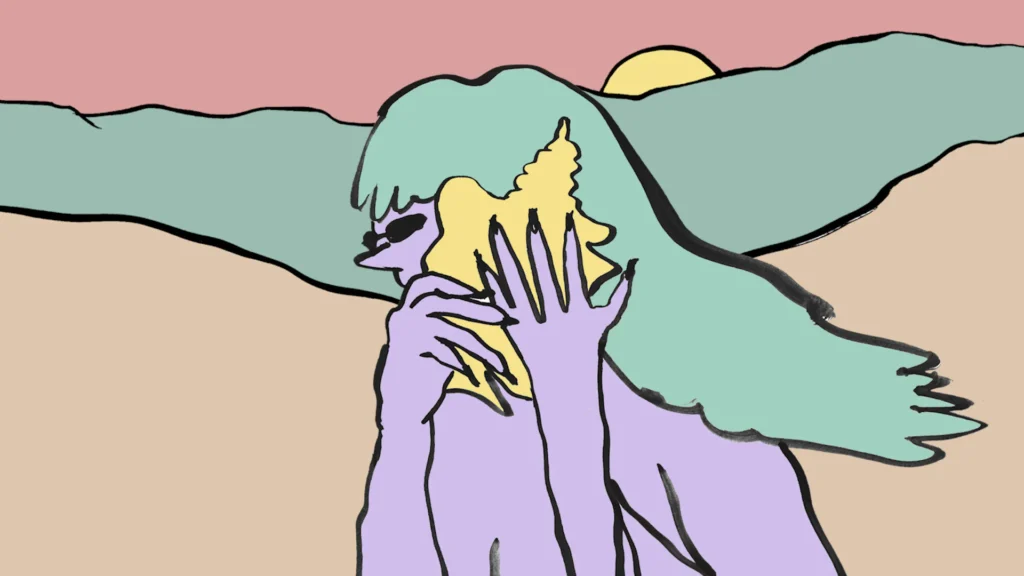 Ink drawn line, digitally coloured with pastel shades. Image still from animated film by Sarah Taylor Silverwood, called Clover