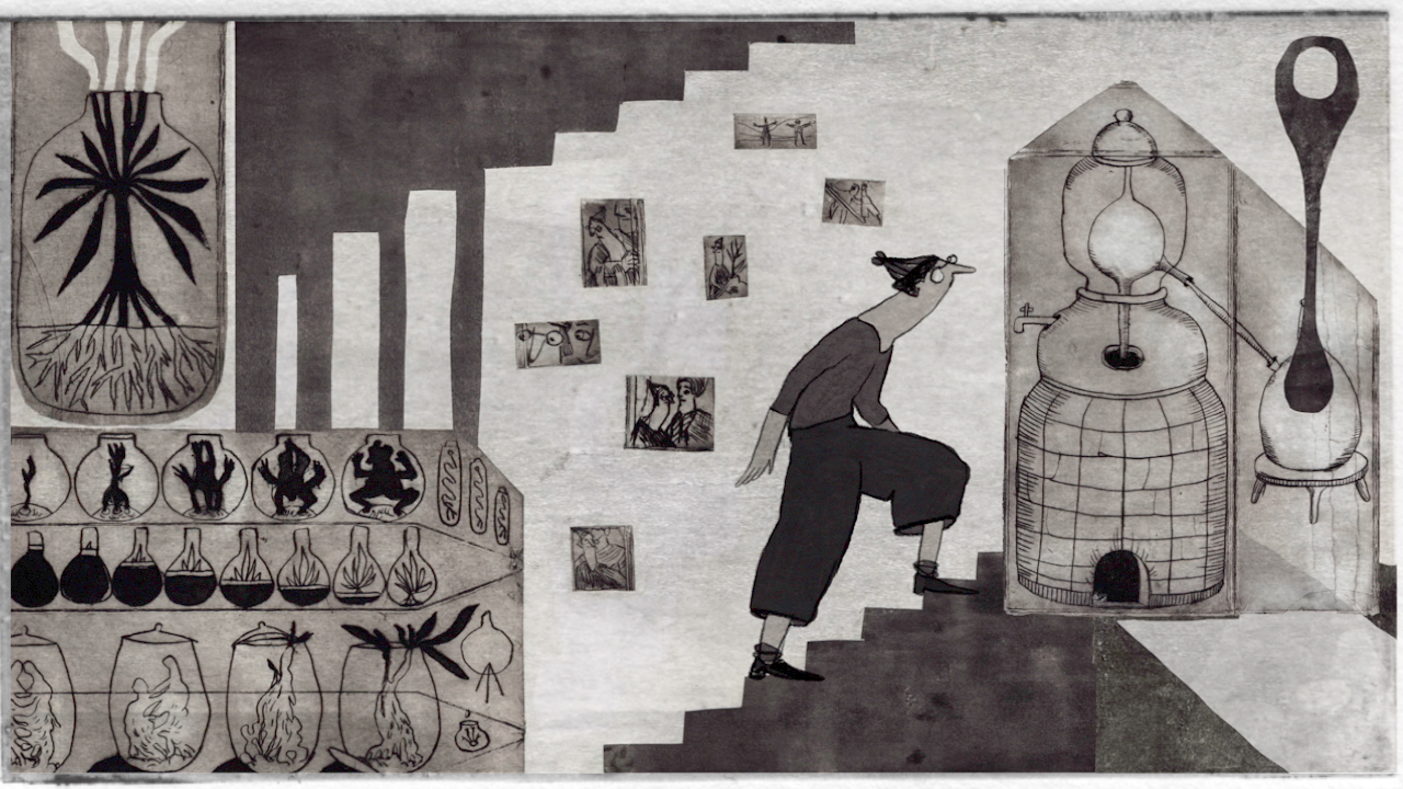 A black and white printed image of a woman walking up a staircase