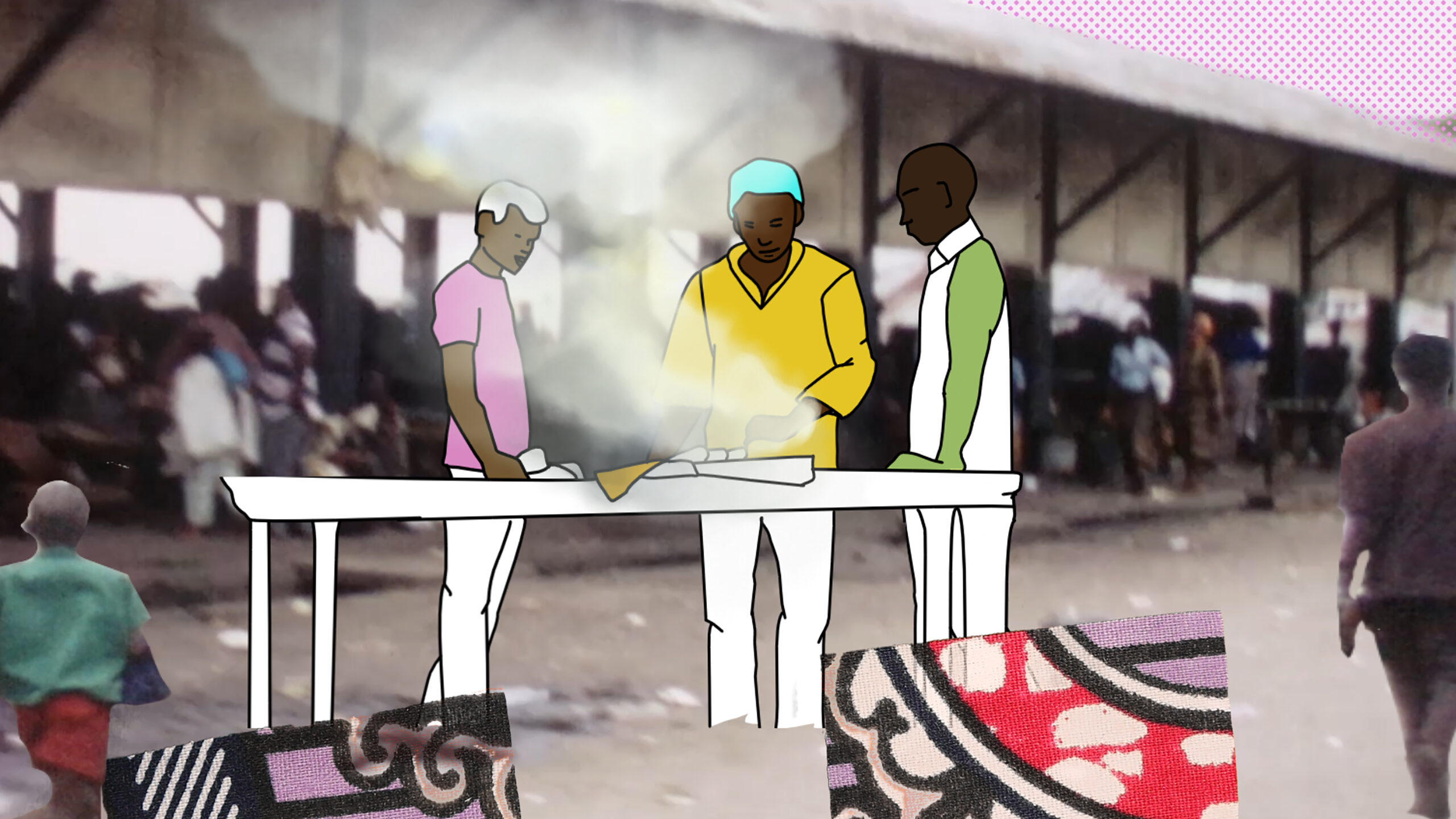 Three drawn figures look at cloths on a table. Background photograph of a market.