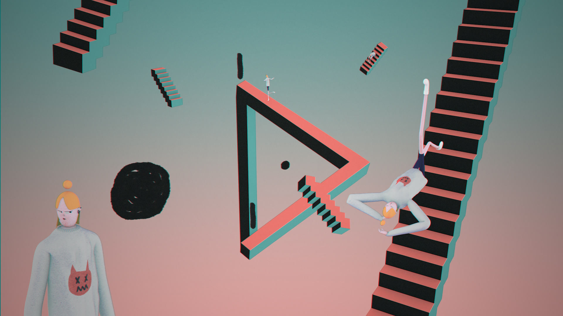Still from an abstract animation. A woman with blonde hair and a blue jumper with a cat on it falls down some stairs. There is a black hole and other sets of stairs floating around a gradient background, with alternate versions of the woman on them.
