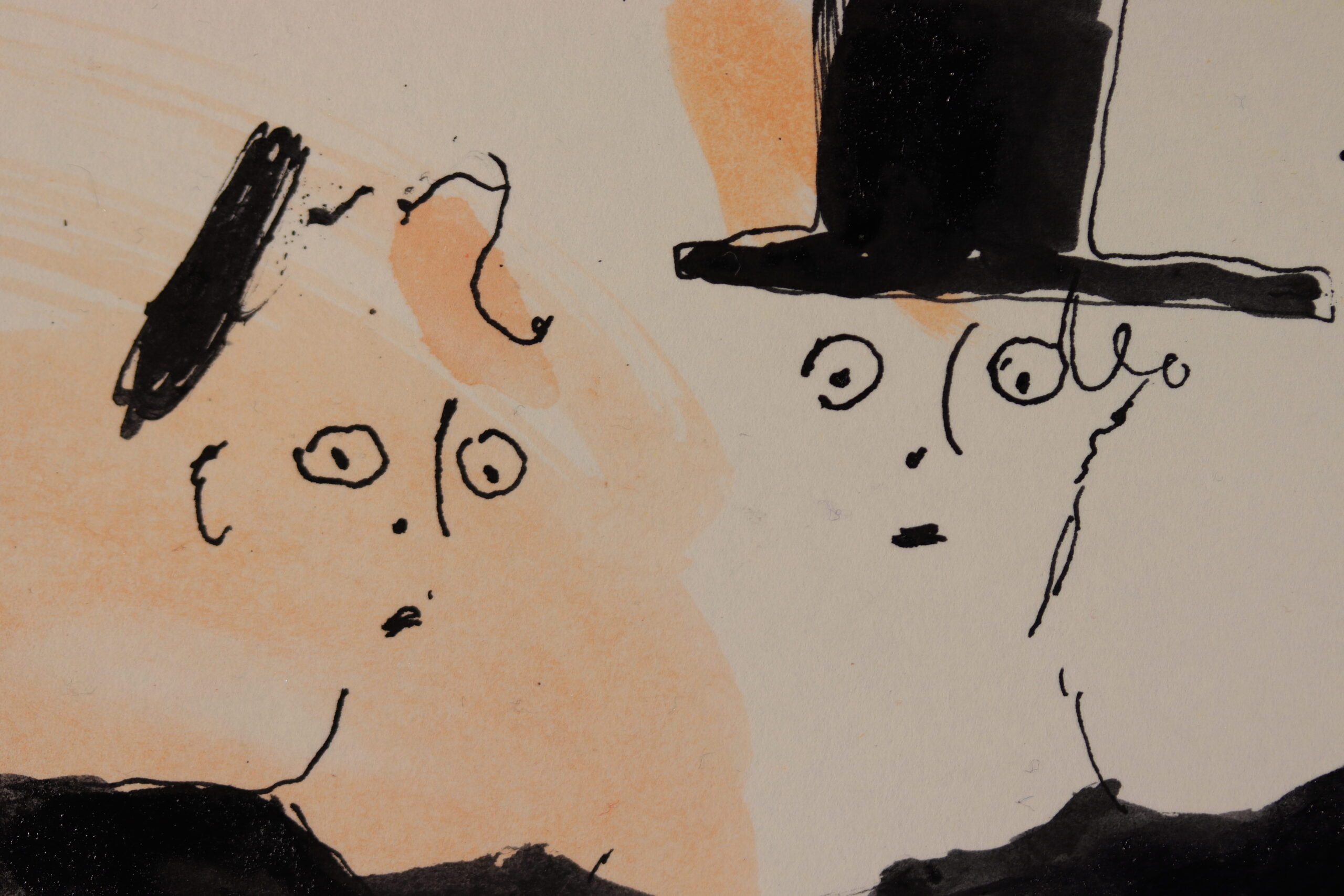 Black ink drawing of two women wearing black looking startled