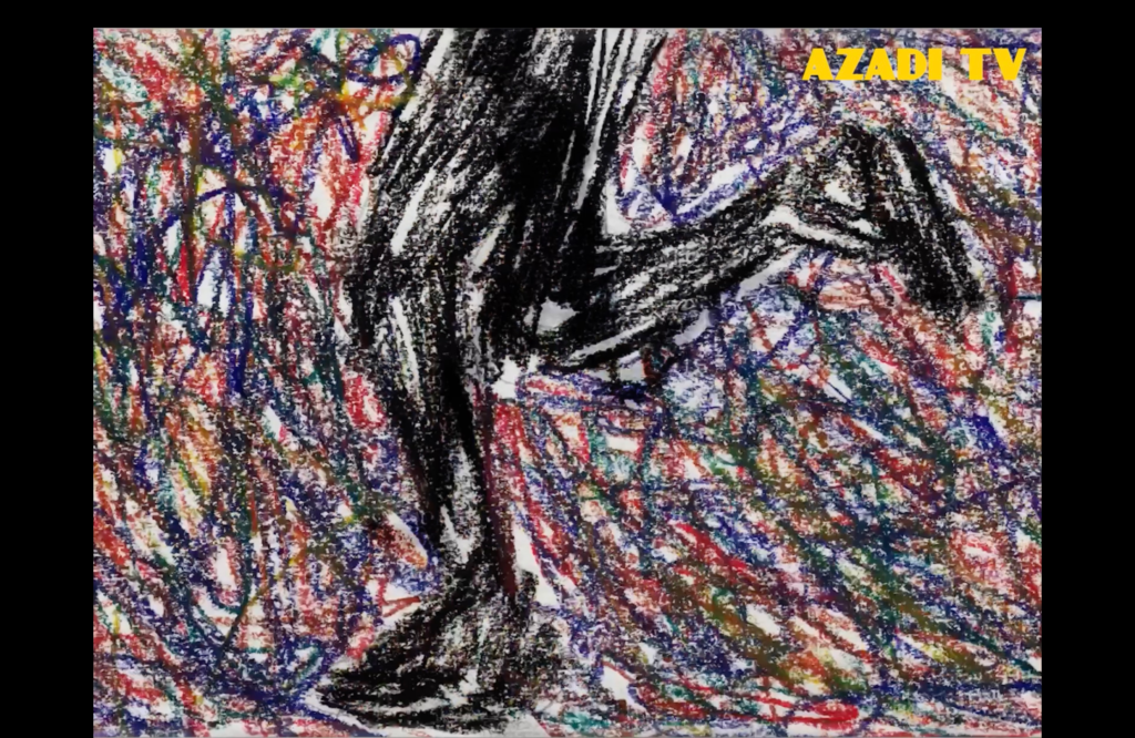 A hand-drawn animated frame of a boy running, coloured in black charcoal with a mixture of colours filling his surroundings