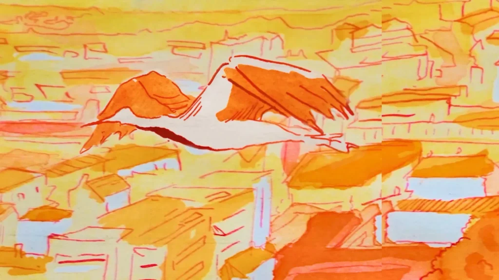 Illustration of a white bird with orange wings flying over a city with buildings and trees in warm yellow and orange tones.